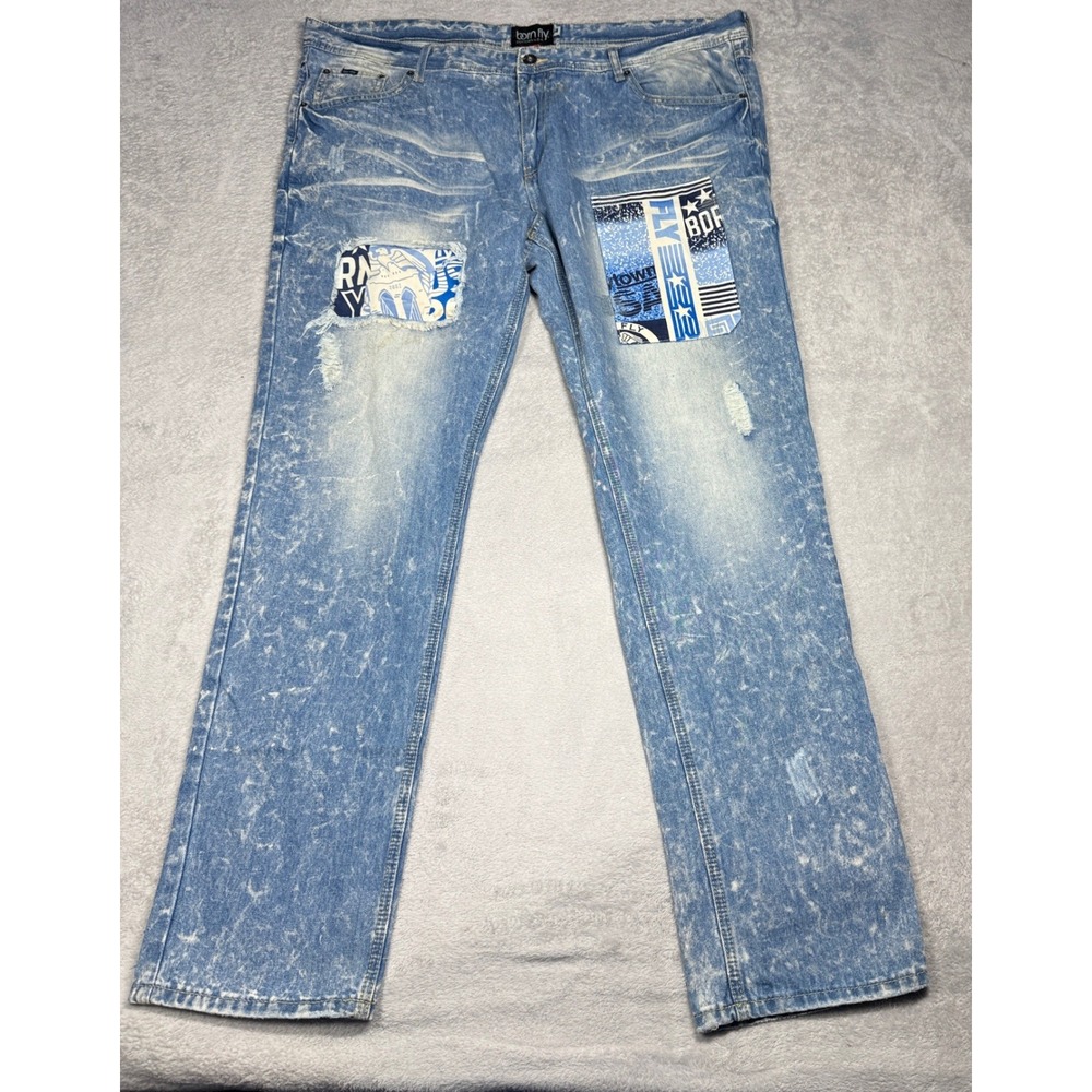 Born Fly Jeans Mens 44‎ Blue Acid Wash Graphic Patch Distressed Streetwear Denim
